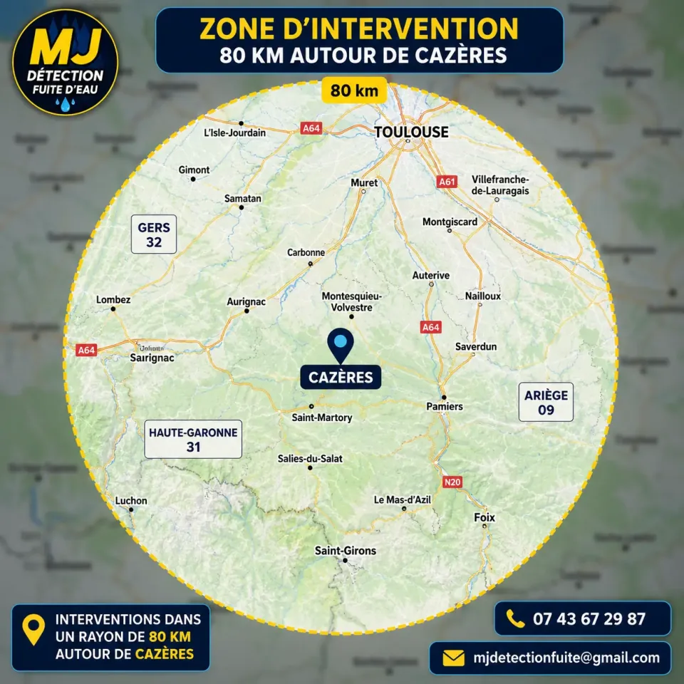 Carte de la zone d'intervention MJ Détection dans un rayon de 80 km autour de Cazères